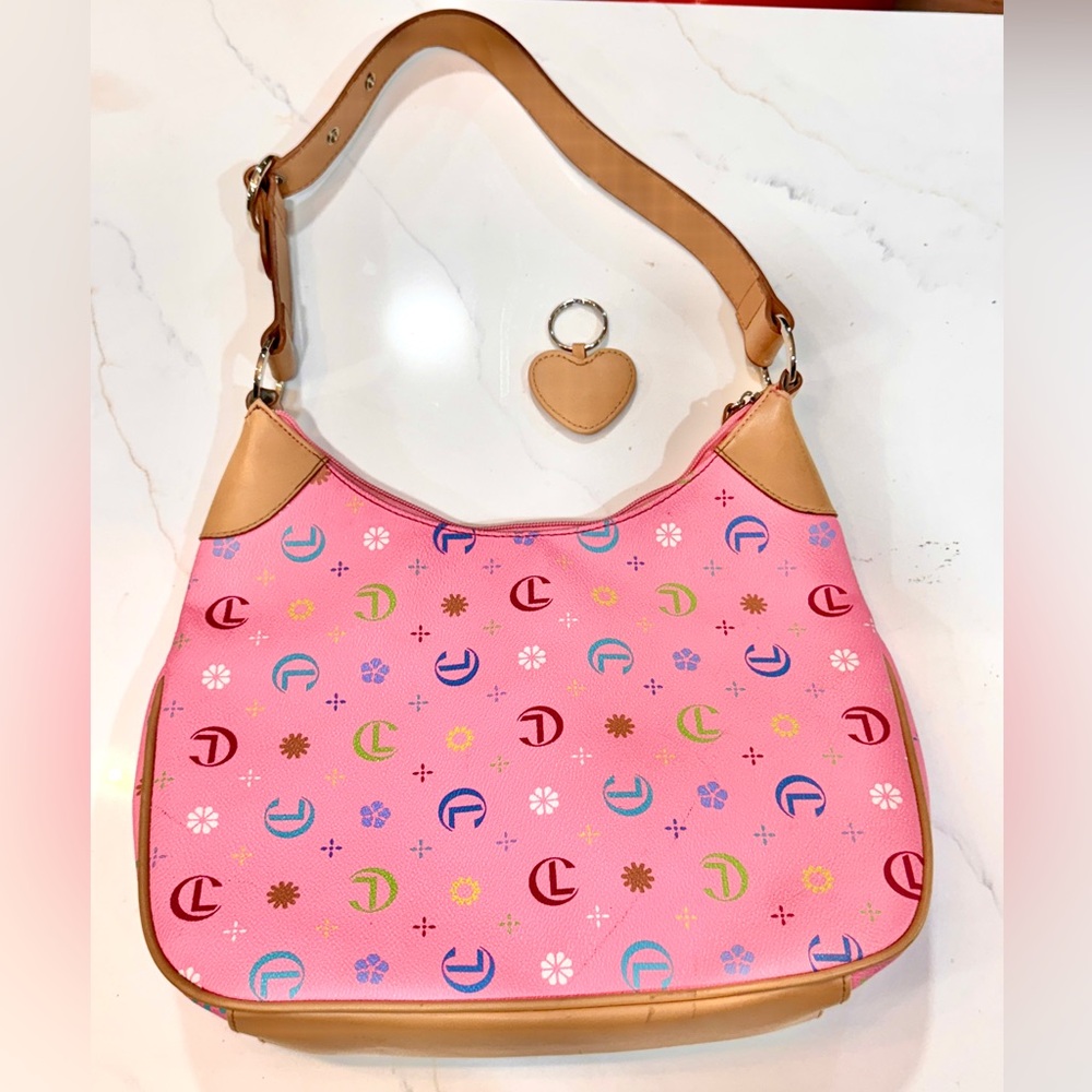 Vintage Y2K Monogram Pink Hobo Shoulder Bag Heart Keychain Retro 2000s Aesthetic